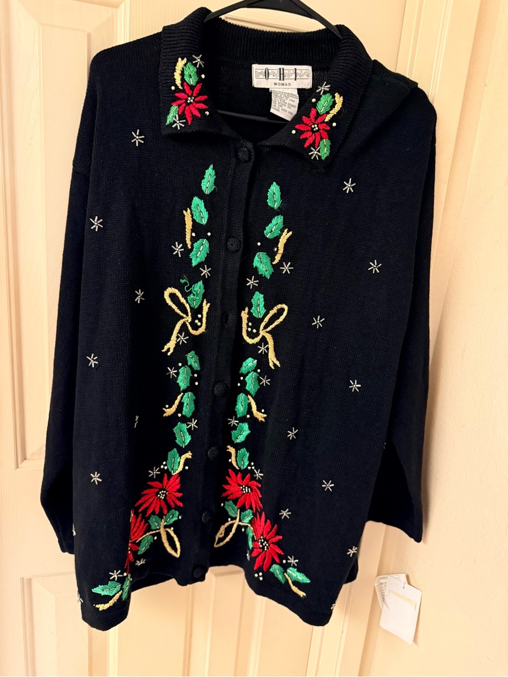Embroidered Black Holiday Cardigan Sweater with Poinsettia Detail with flaws